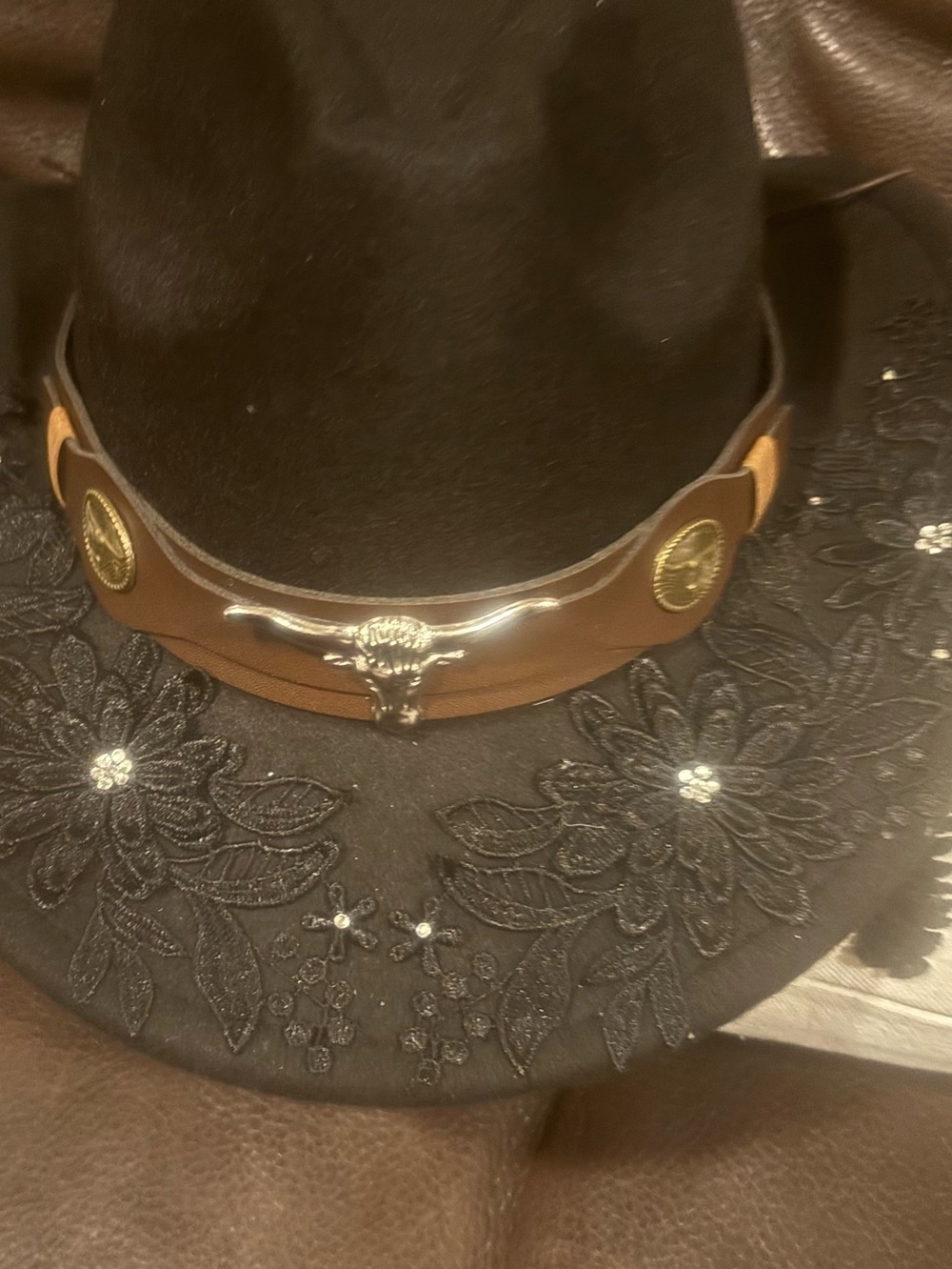 Black Embroidered Felt Cowboy Hat with Brown Leather Band